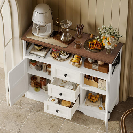 YGEOMER Buffet Cabinet Sideboard Farmhouse Coffee Bar with 3 Drawers and 2 Doors, Wood Kitchen Table Wine Bar Storage Cabinet for Dining Room YGEOMER