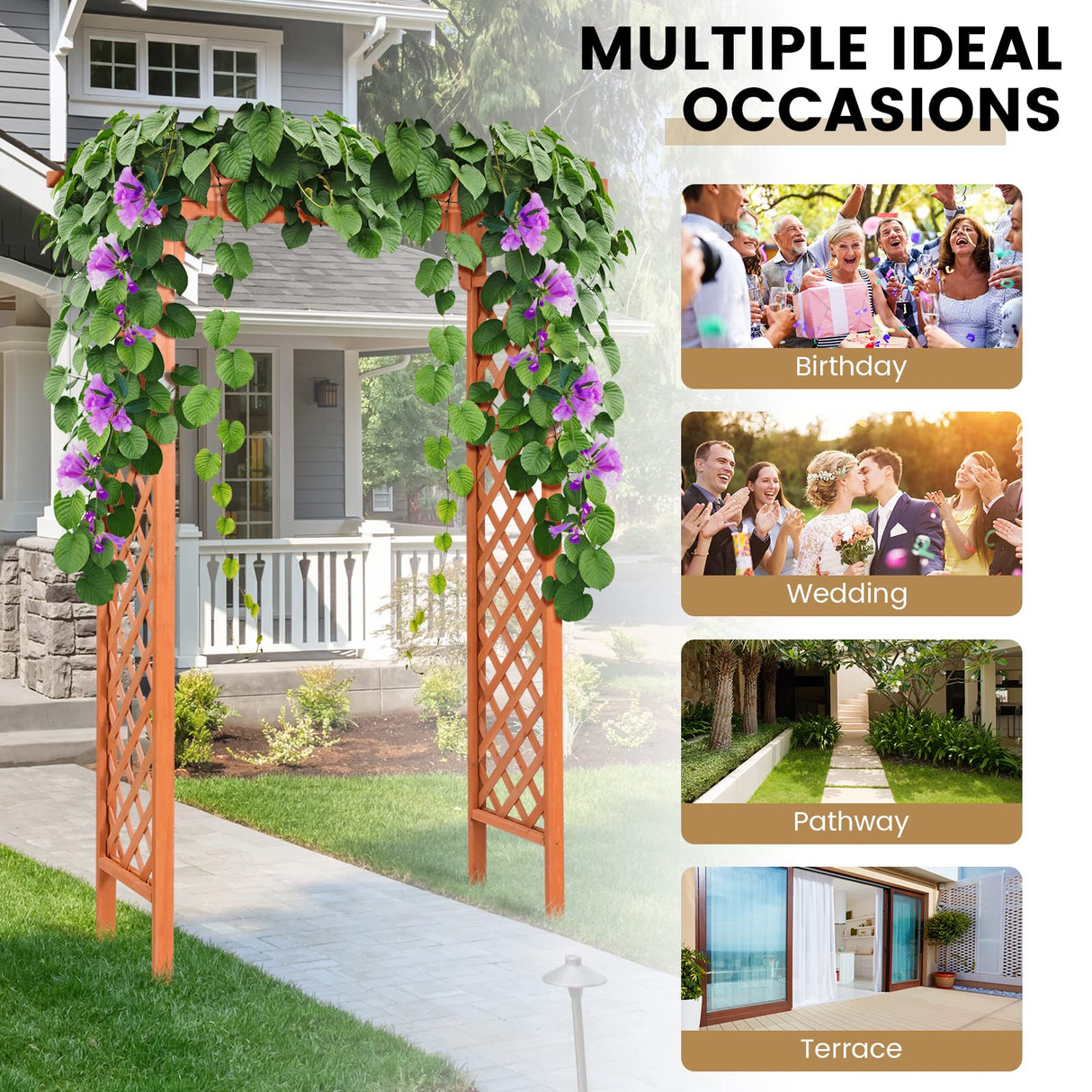 Moccha Wood Garden Arch, 7.3Ft Outdoor Pergola Archway for Climbing Plant Rose Vines, 88 Inch Backdrop Stand Wedding Arches, Garden Arbor Trellis for Lawn Bridal Party Decoration Ceremony LDAILY