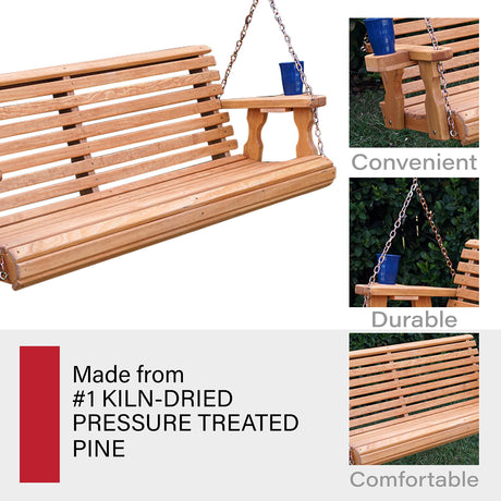 Amish Casual 4 Foot Roll Back Porch Swing with Cup Holders in Cedar Stain - Amish Made in The USA from Treated Pine, Heavy Duty 700 Lb Weight Capacity Amish Casual