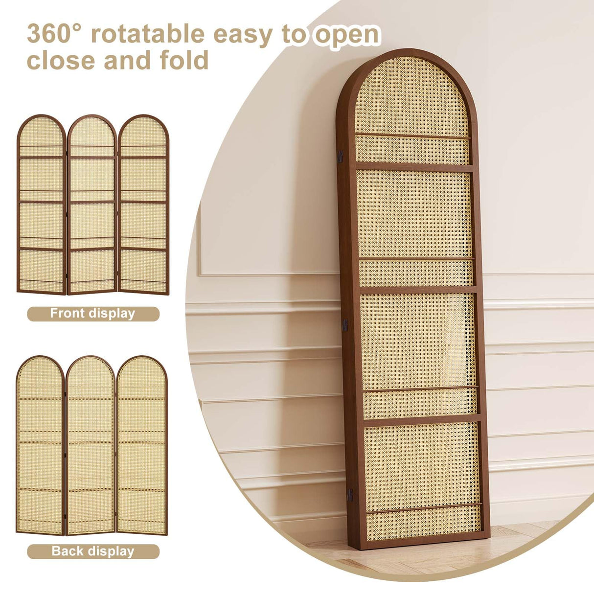 Rattan Room Divider with Bookshelf,Privacy Screen for Home Office & Bedroom,Portable Partition, Wooden Frame Svimi
