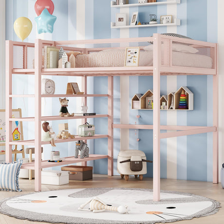 Bellemave Full Size Loft Bed with 4-Tier Shelves and Storage, Metal Loft Bed with Bookshelf, Full Size Loft Bed with Storage Stairs(with Bookshelf, Pink) Bellemave