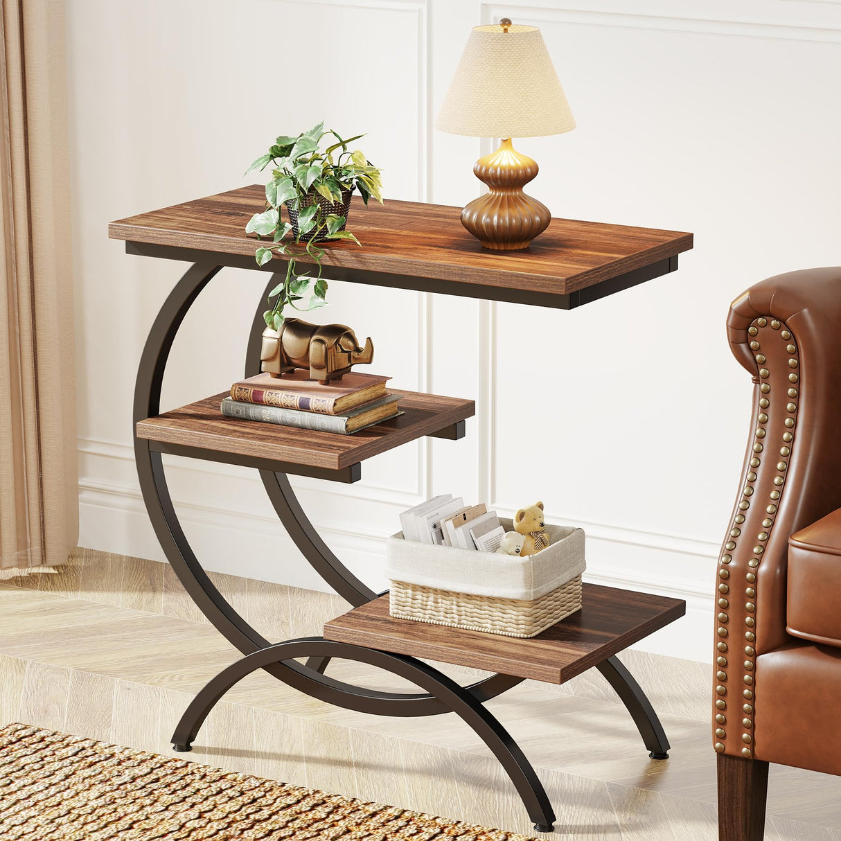 Tribesigns C-Shaped End Table, Industrial 3-Tier Small Side Table for Couch, Wood Bedside Table Snack Side Table with Storage Shelves for Living Room Small Space, Dark Brown Tribesigns