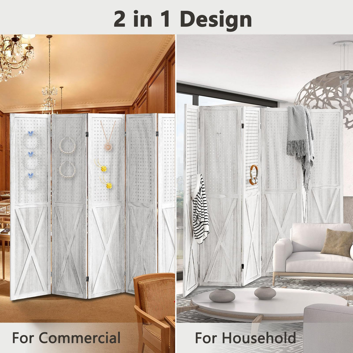 ALeesing 6 Panel Room Divider, 5.6Ft Pegboard Display Wood Folding Privacy Screens, Room Divider Peg Board Display Freestanding for Trade Show Craft Show Home Wall Organizer, Retro White ALeesing