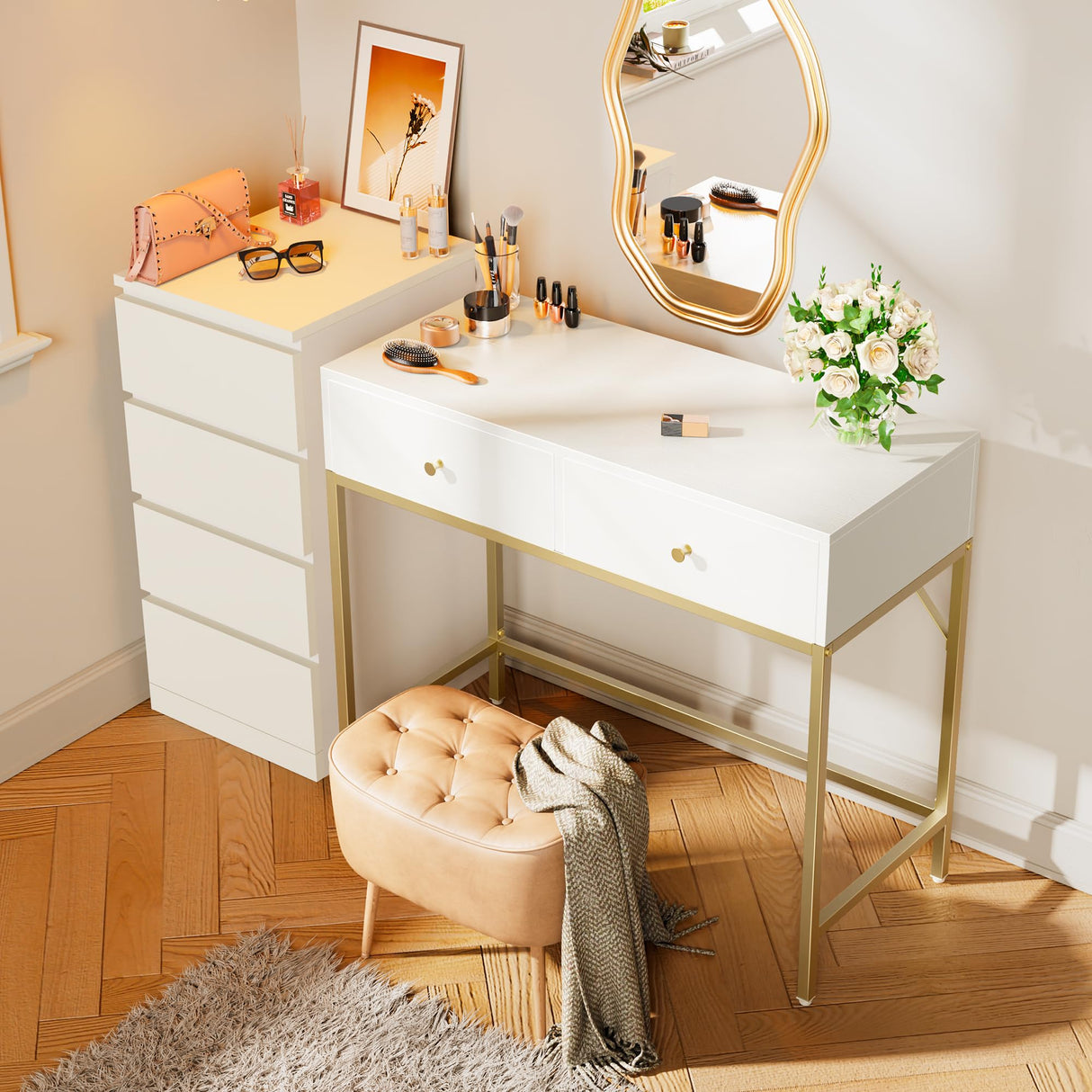 SUPERJARE 39.4" White and Gold Desk with 2 Drawers, Modern Makeup Vanity Desk, Small Computer Desk Home Office Desk for Writing Study Bedroom SUPERJARE