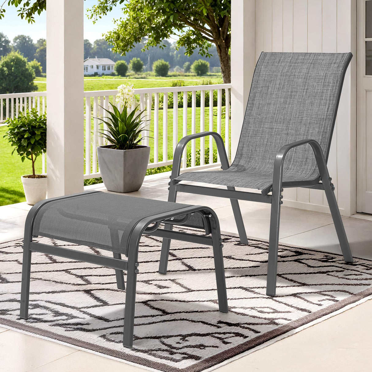 ONBRILL Outdoor Ottoman Set of 2, All Weather Outdoor Foot Stool with Supportive Textliene and Metal Frame, Stackable Oversized Outdoor Foot Rest for Furniture Patio Garden Pool, Grey ONBRILL