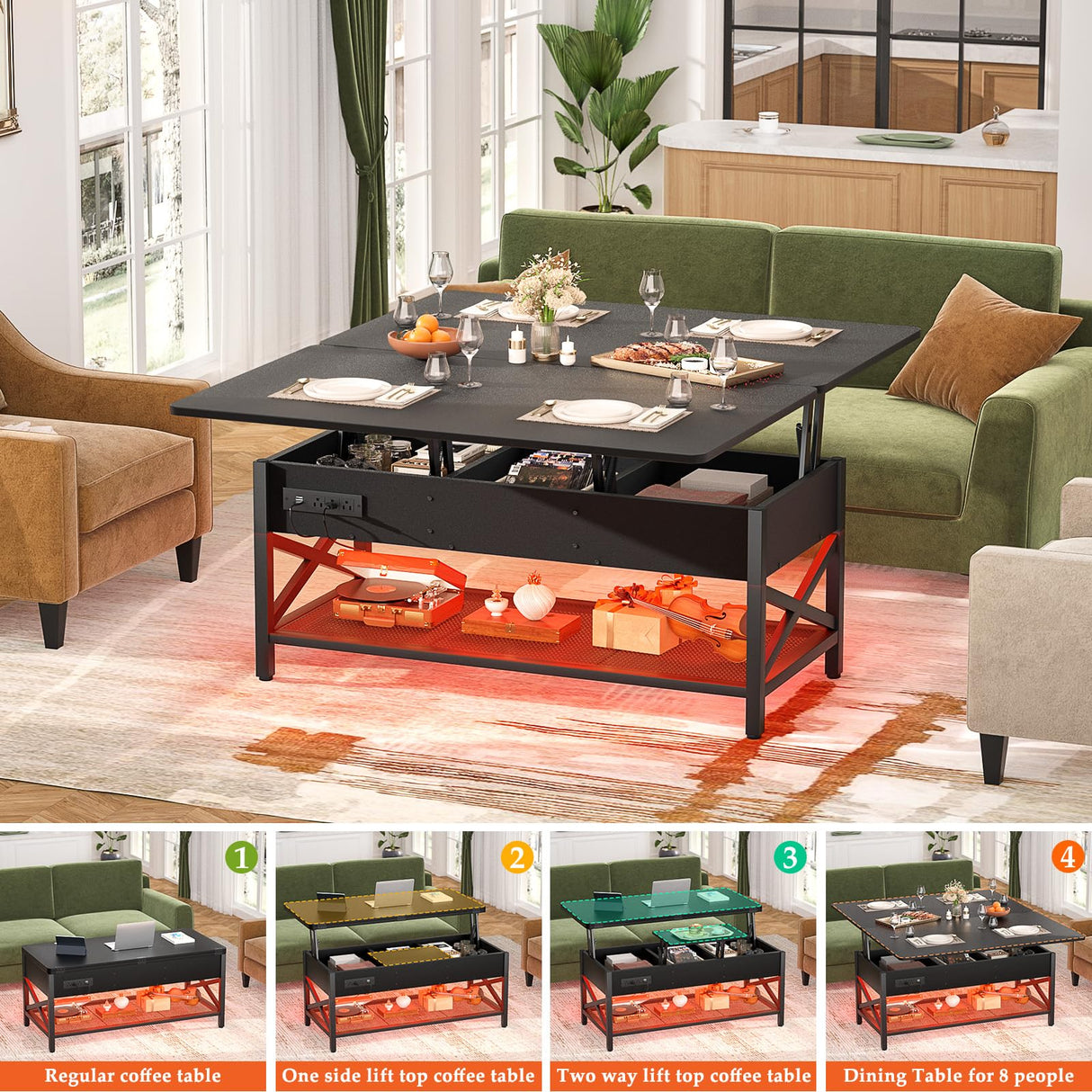 Aheaplus Coffee Table Lift Top Multi-Function Coffee Table Converts to Dining Table, with LED Light and Power Outlet, Center Table with Shelves for Living Room Reception Home Office, Black Aheaplus