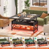 Aheaplus Coffee Table Lift Top Multi-Function Coffee Table Converts to Dining Table, with LED Light and Power Outlet, Center Table with Shelves for Living Room Reception Home Office, Black Aheaplus