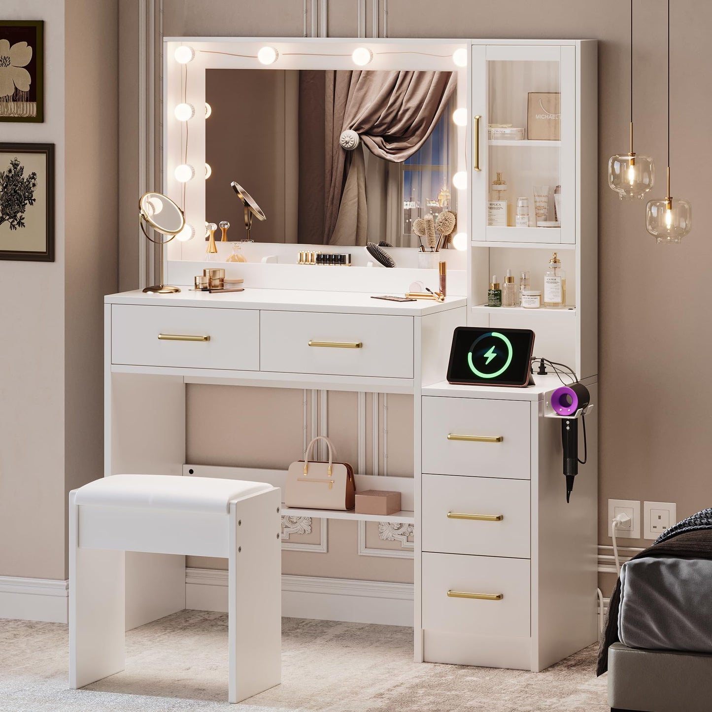 35.4" Makeup Vanity Desk with Charging Station, White Makeup Dressing Table with Mirror & Lights, 3 Lighting Modes Adjustable Brightness, Vanity Table with Power Outlet &5 Drawers Gold Handle