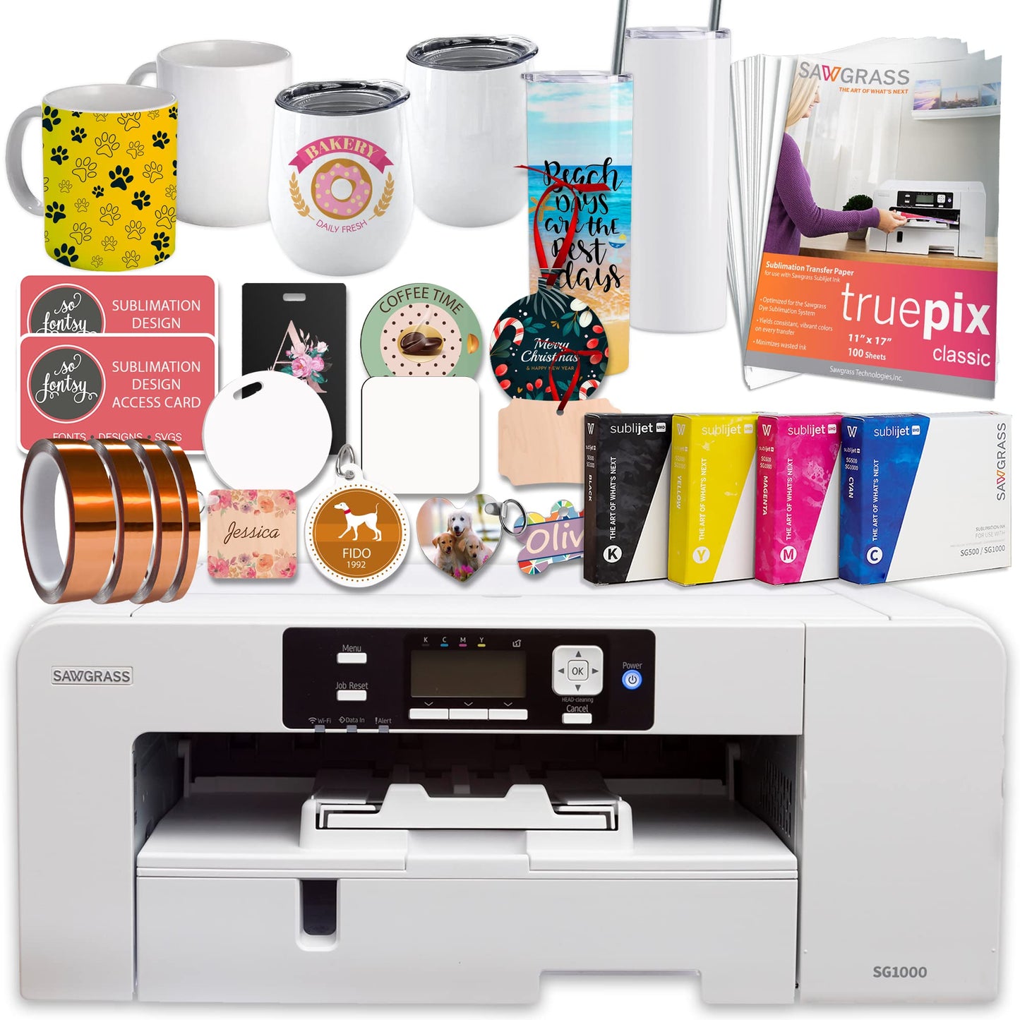 Sawgrass UHD Virtuoso SG1000 Sublimation Printer Starter Bundle with Inks, Sublimation Paper, Tape, Blanks Assortment, Designs and Access to Exclusive Content - WoodArtSupply