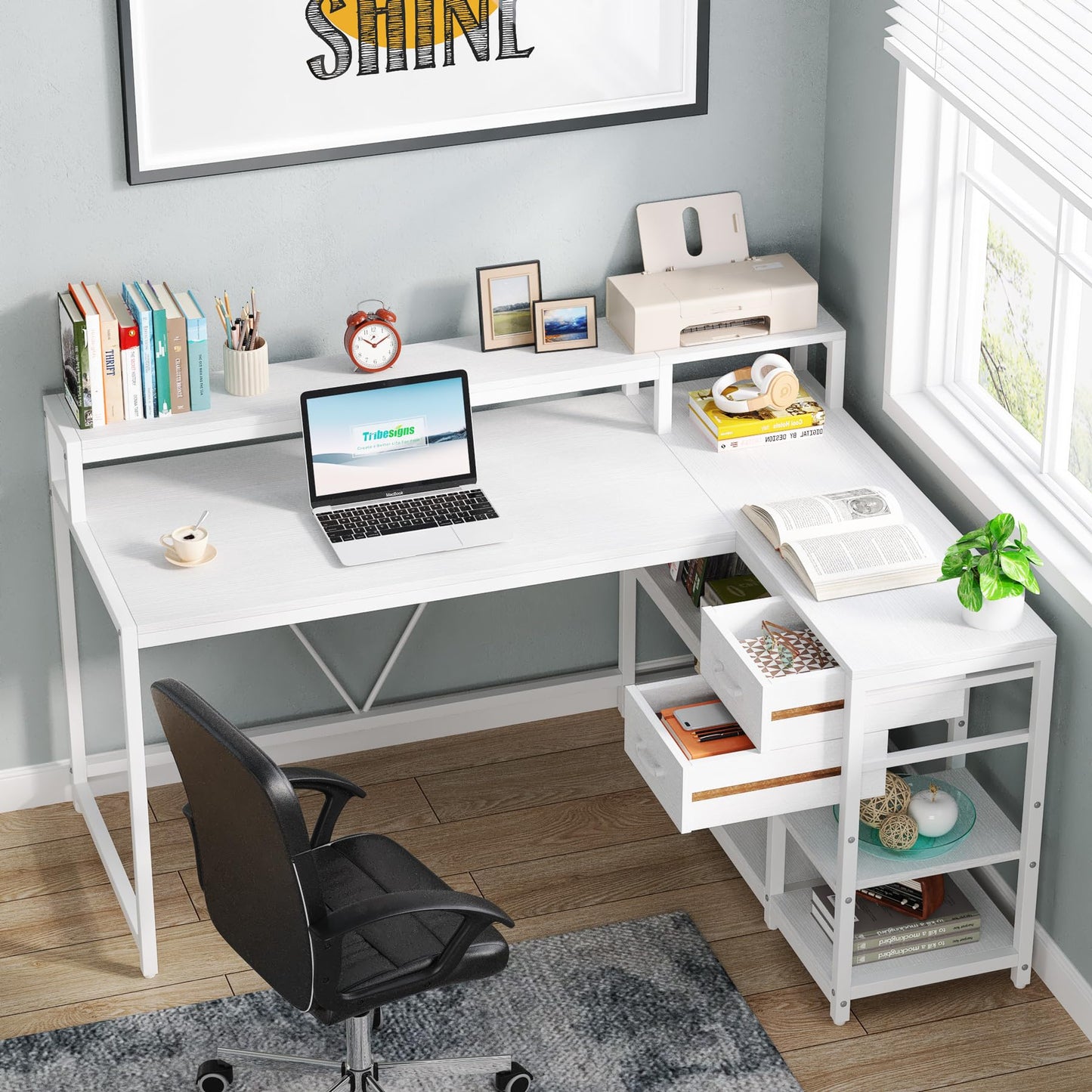 Tribesigns 55-Inch Modern White Reversible L-Shaped Desk with Storage Shelves and Drawers - WoodArtSupply