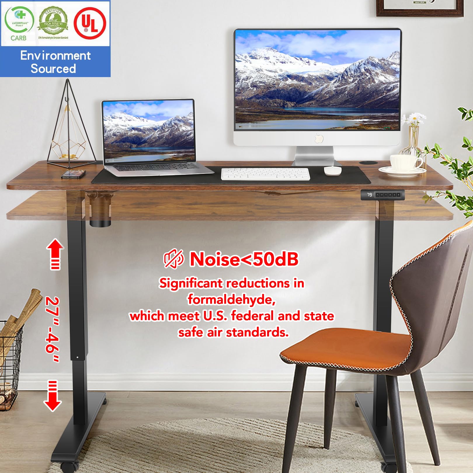 Legooin Electric Standing Desk with Wheels, 63'' x 24'' Standing Desk Adjustable Height with Charging Station, 2 USB Ports, 3 Power Outlets, 4 Caster, 27''-45'' Lifting Range Stand up Desk(Br - WoodArtSupply