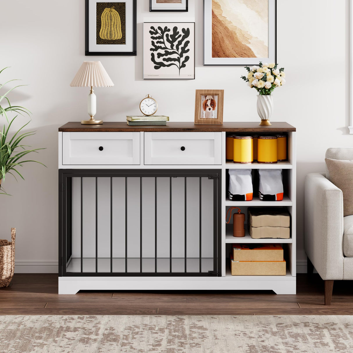 Dog Crate Furniture 47”, Large Dog Crate TV Stand with 2 Drawers and 4 Shelves, Wooden Dog Kennel Indoor, Decorative Dog Cage with Storage for Large Dogs, White GarveeHome