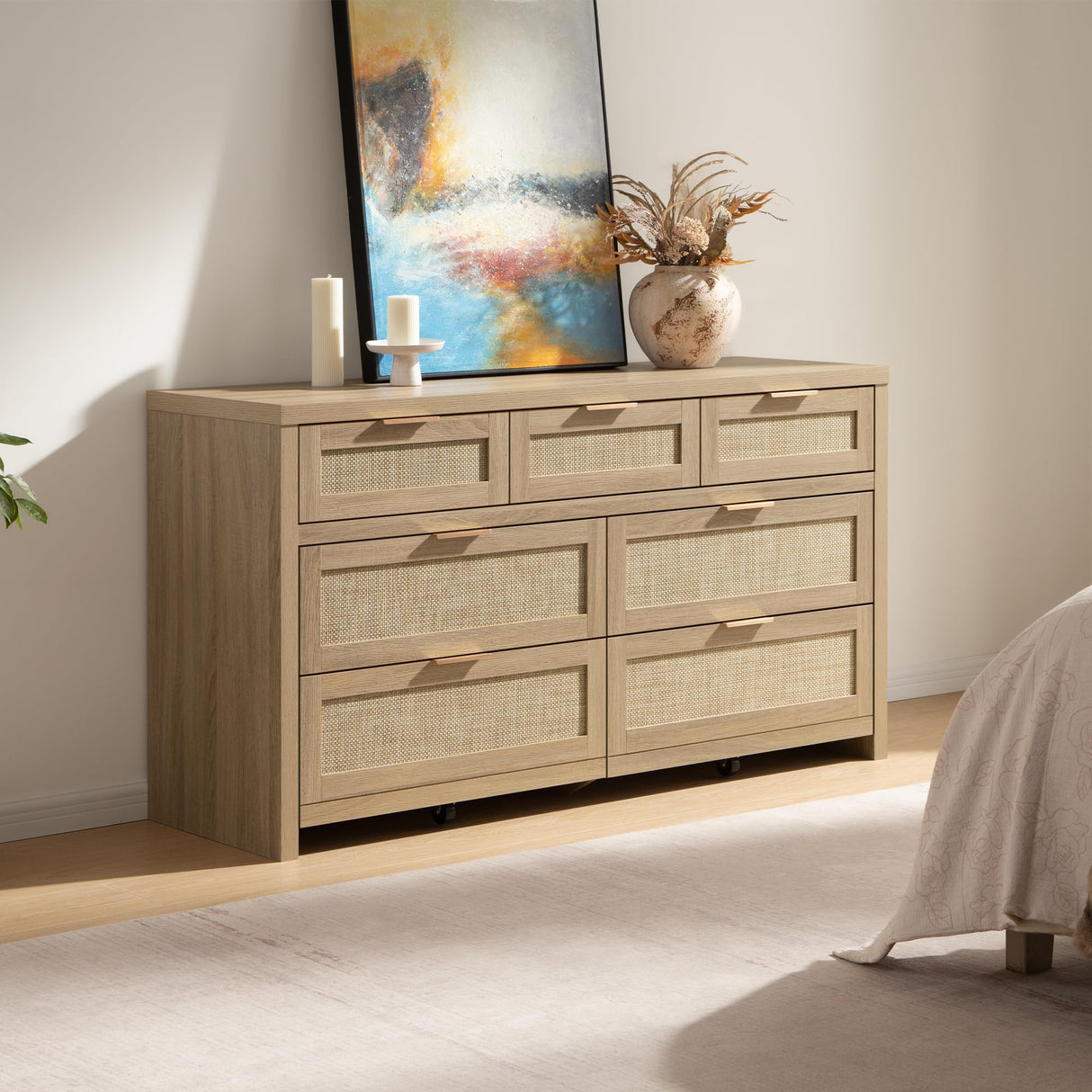SICOTAS 7 Drawer Dresser for Bedroom, 57" Wide Rattan Dressers, Large Chest of Drawers for Bedroom, Dresser TV Stand, Boho Closet Organizer (Reclaimed Light Oak, 7 Drawers (1 pc)) SICOTAS