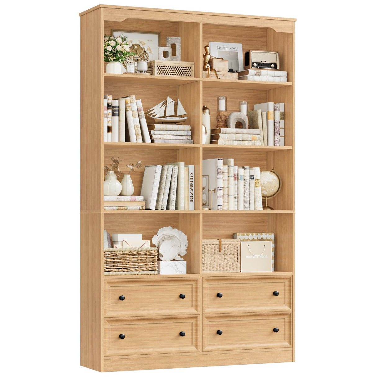 FINETONES 71" Tall Bookshelf with 4 Drawers, 6-Tier Double Wide Bookshelves and Bookcases with Storage, Natural Bookshelf Large Open Bookshelves Standing Book Cabinet for Home Office FINETONES