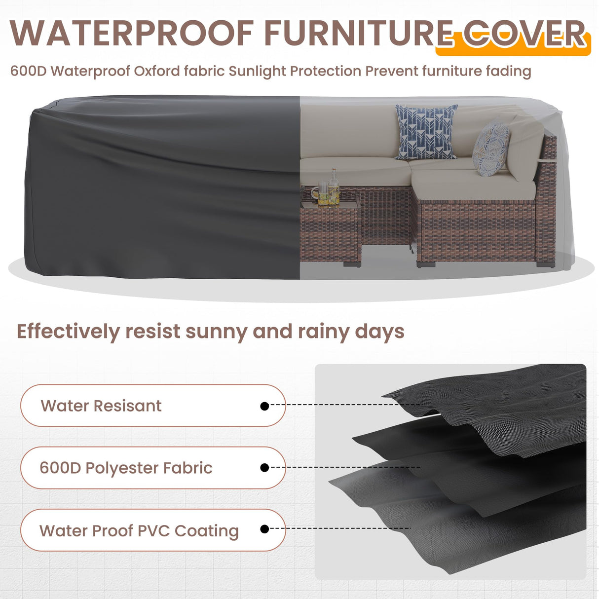 UDPATIO Patio Furniture Set with 44'' Fire Pit Table,Modular Outdoor Furniture Sets,Slanted Back Outdoor Sectional Conversation Set PE Rattan Sofa for Backyard W/Coffee Table,4'' Cushions,8 PCS,Khaki UDPATIO