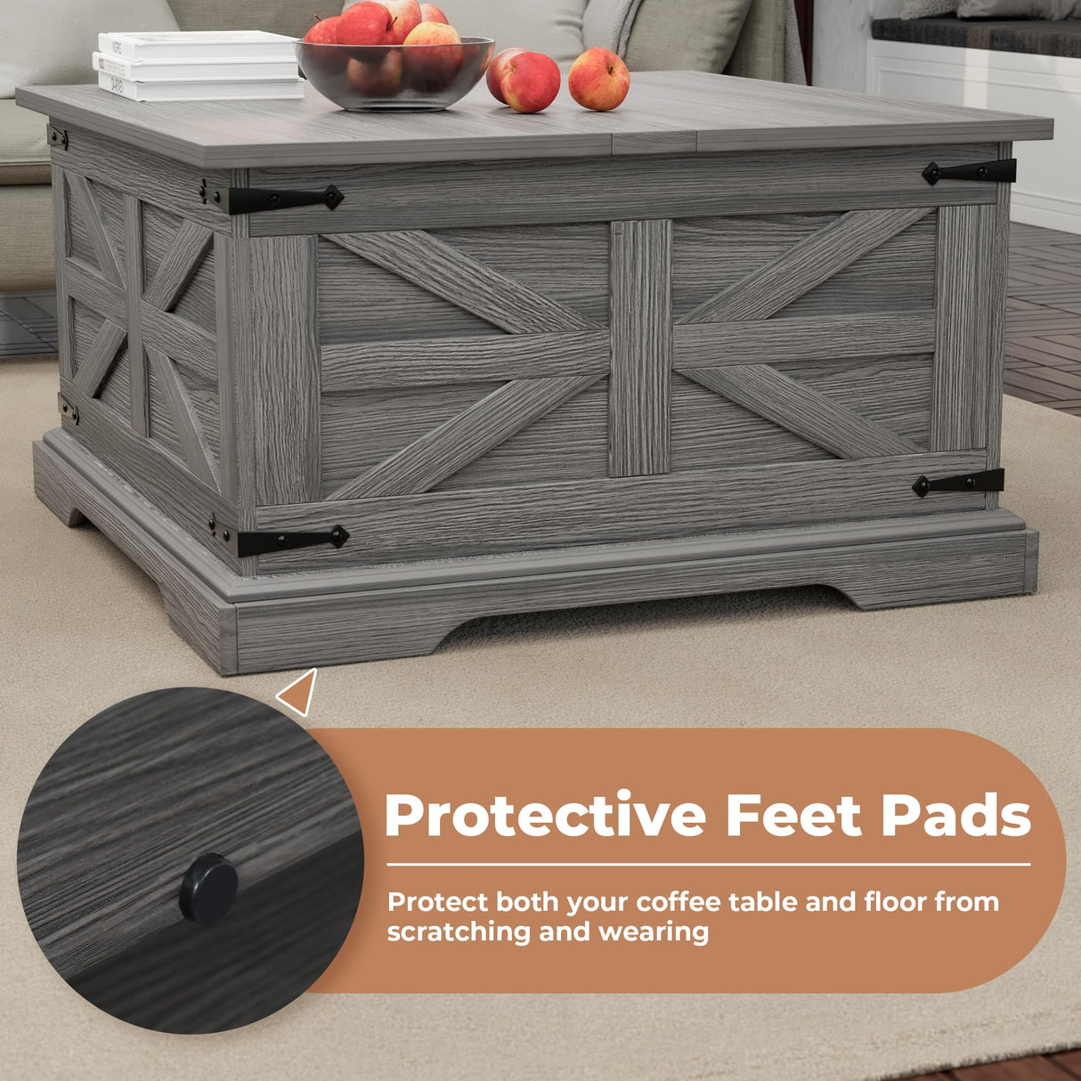 VVFLU Farmhouse Coffee Table with Storage, Square Center Table for Living Room, Rustic, Hinged Lift Top Soft Close, Wood, Large Hidden Storage, Modern, Metal Corner, Grey VVFLU