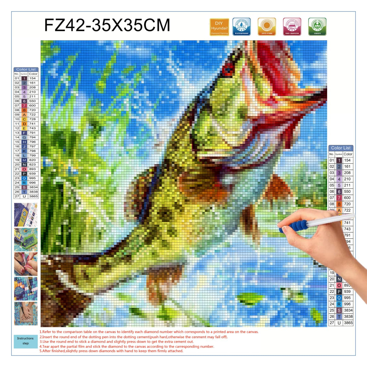 Vibrant Elegant Bass Fish 5D Diamond Art Painting Full Square Drill Diamond Art Painting by Number Kits for Adults Mosaic Cross Stitch for Wall Decor 14x14in(2) WoodArtSupply