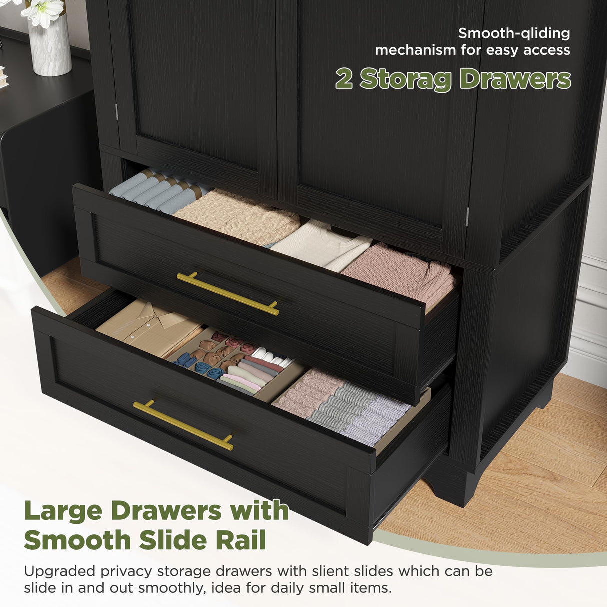 Maupvit Wardrobe Closet, Modern Armoire Wardrobe Closet with 2 Drawers and Arched Doors, 73" Tall Wooden Bedroom Armoires with Shelves and Hanging Rod, Black Maupvit