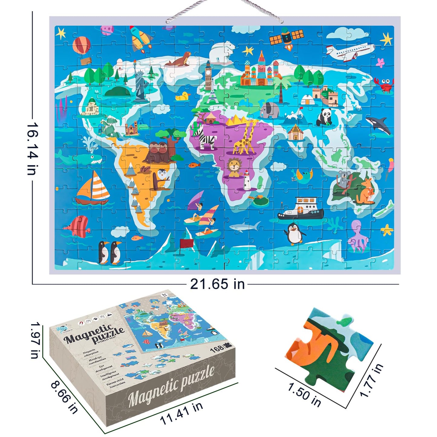 ZILEMOPO Magnetic World Map Puzzles for Kids Ages 3-4-5-8-12, 168 Pieces with Magnetic Board Wall Mounted Puzzle, Geography Games Educational Toys Best Gift for Boys and Girls 3+ Years Old