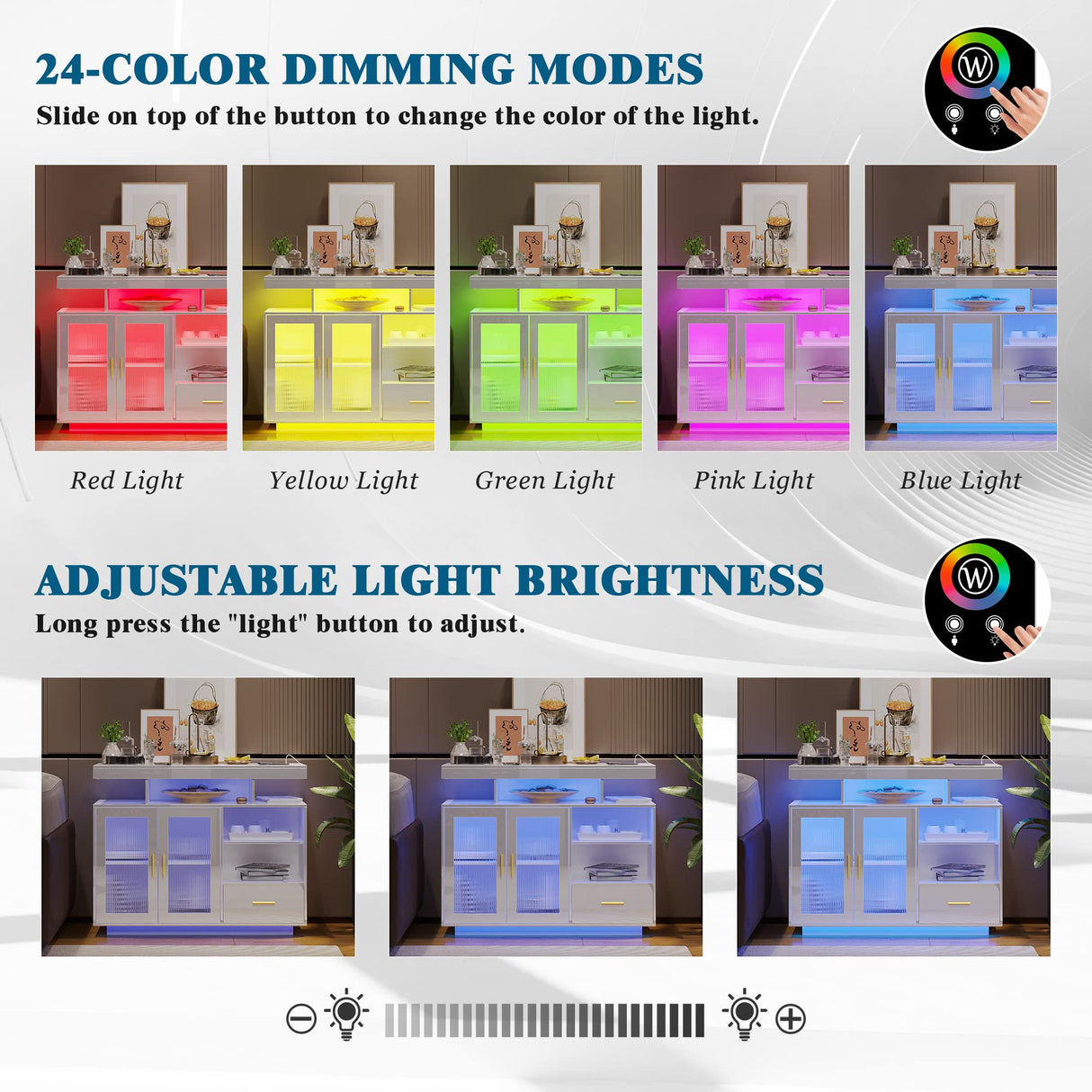 WOOVIVS 39.4" Modern LED Sideboard Buffet Cabinet with Charging Station, High Glossy Cupboard with Motion Sensor Light, Coffee Bar Storage Cabinet with Acrylic Panel for Living Room, Kitchen (White) WOOVIVS