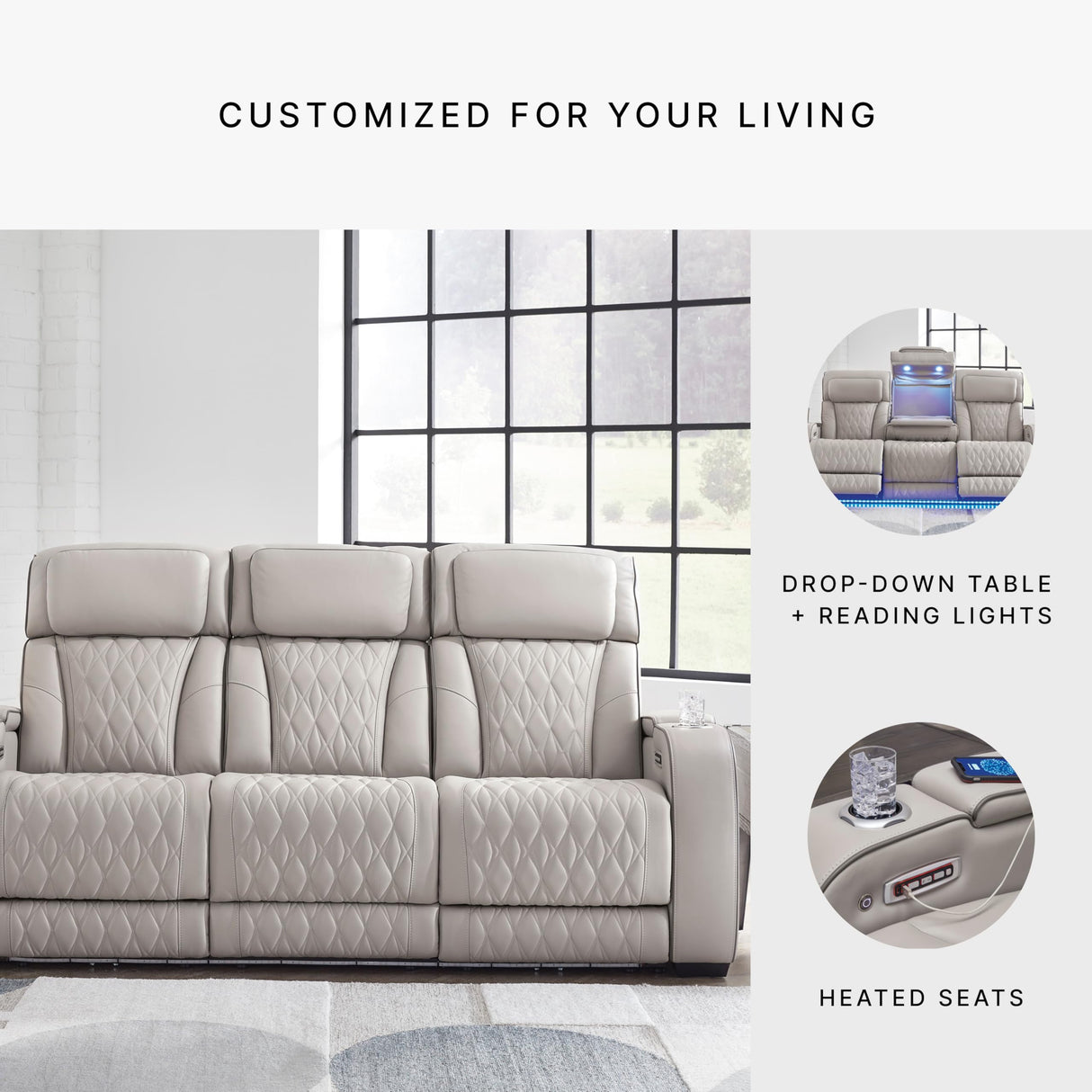 Signature Design by Ashley Boyington Contemporary Leather Match Power Reclining Sofa with USB Charging Ports, LED Lights and Adjustable Headrest, Light Gray Signature Design by Ashley