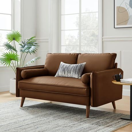 Modway Revive 59 Inch Faux Leather Loveseat in Brown – Mid Century Modern Upholstered Loveseat with Gold Legs - Small Space Sofa for Living Room, Office, or Apartment Modway