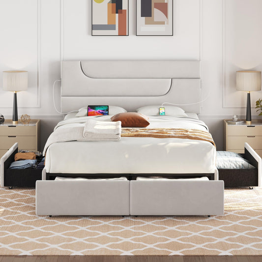 Yaheetech Beige Queen Upholstered Bed Frame with USB Charging, 4 Storage Drawers and Wooden Slats - WoodArtSupply