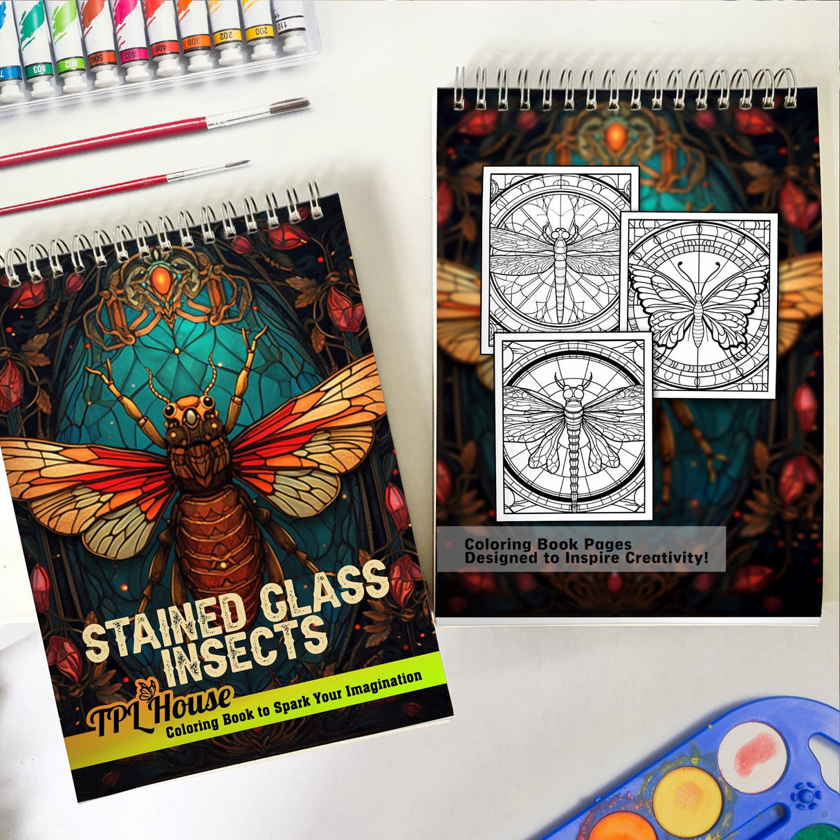 TPLHOUSE Stained Glass Insects Coloring Book Spiral Bound for Teens and Adults, Premium Cover, 30 Glass-Tinted Insects Coloring Pages of Intricate Patterns for Stress Relief and Relaxation TPLHOUSE