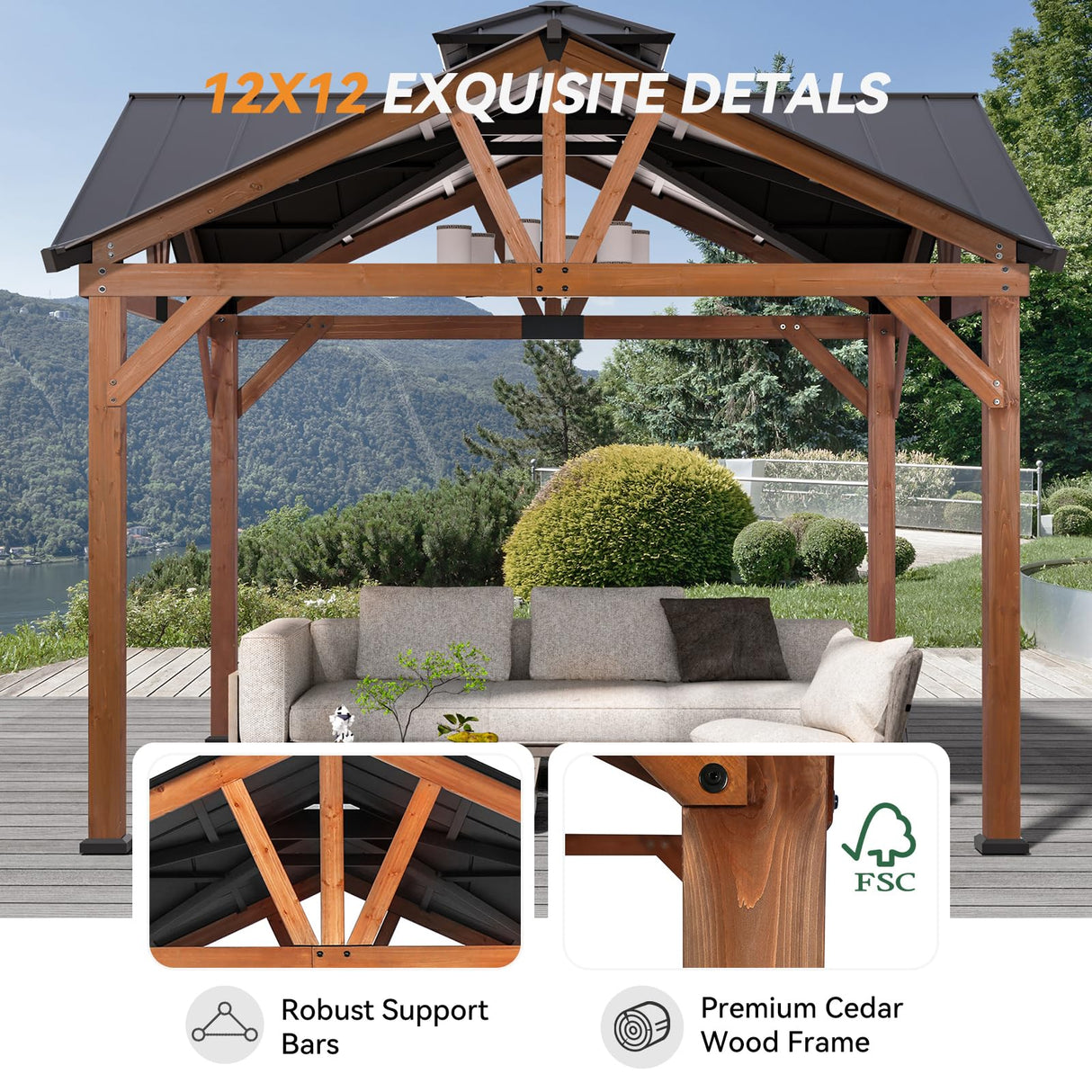 Modern Shade Wood Gazebo 12’x12’, Heavy Duty Hardtop Gazebo with Steel Roof, Water Resistant, Wind Resistant, Perfect for Your Permanent Outdoor Pavilion, Solid Wood Framed Gazebo, Cedar Gazebo Modern Shade Outdoor Living Spaces