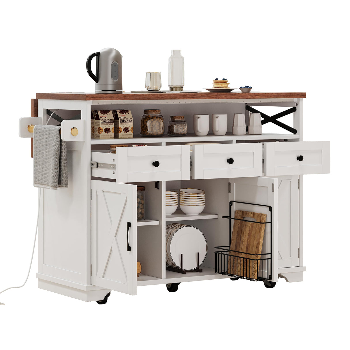 Ball & Cast Farmhouse Kitchen Island with Drape of Beads & Power Outlet, Rolling Kitchen Cart on 5 Wheels, 3 Drawers, Internal Iron Shelf & Towel Rack, for Kitchen & Dining Room, White Ball & Cast