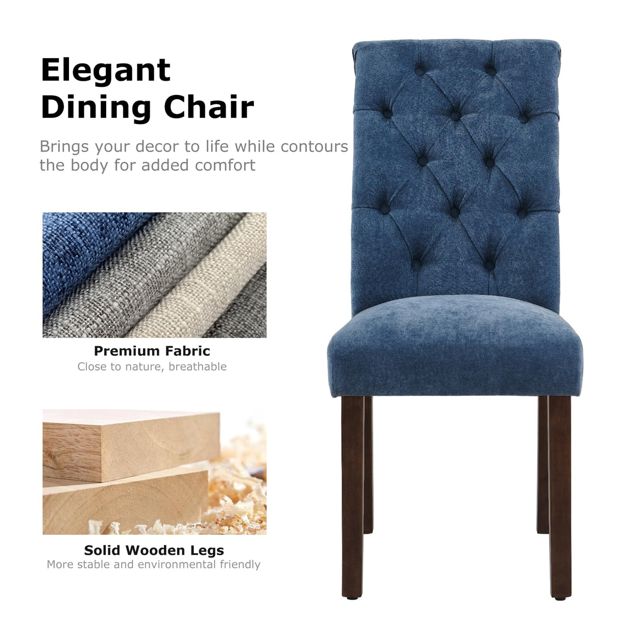 COLAMY Button Tufted Dining Chairs Set of 4, Parsons Upholstered Fabric Dining Room Chairs Kitchen Chairs with Wood Legs and Padded Seat, Blue COLAMY