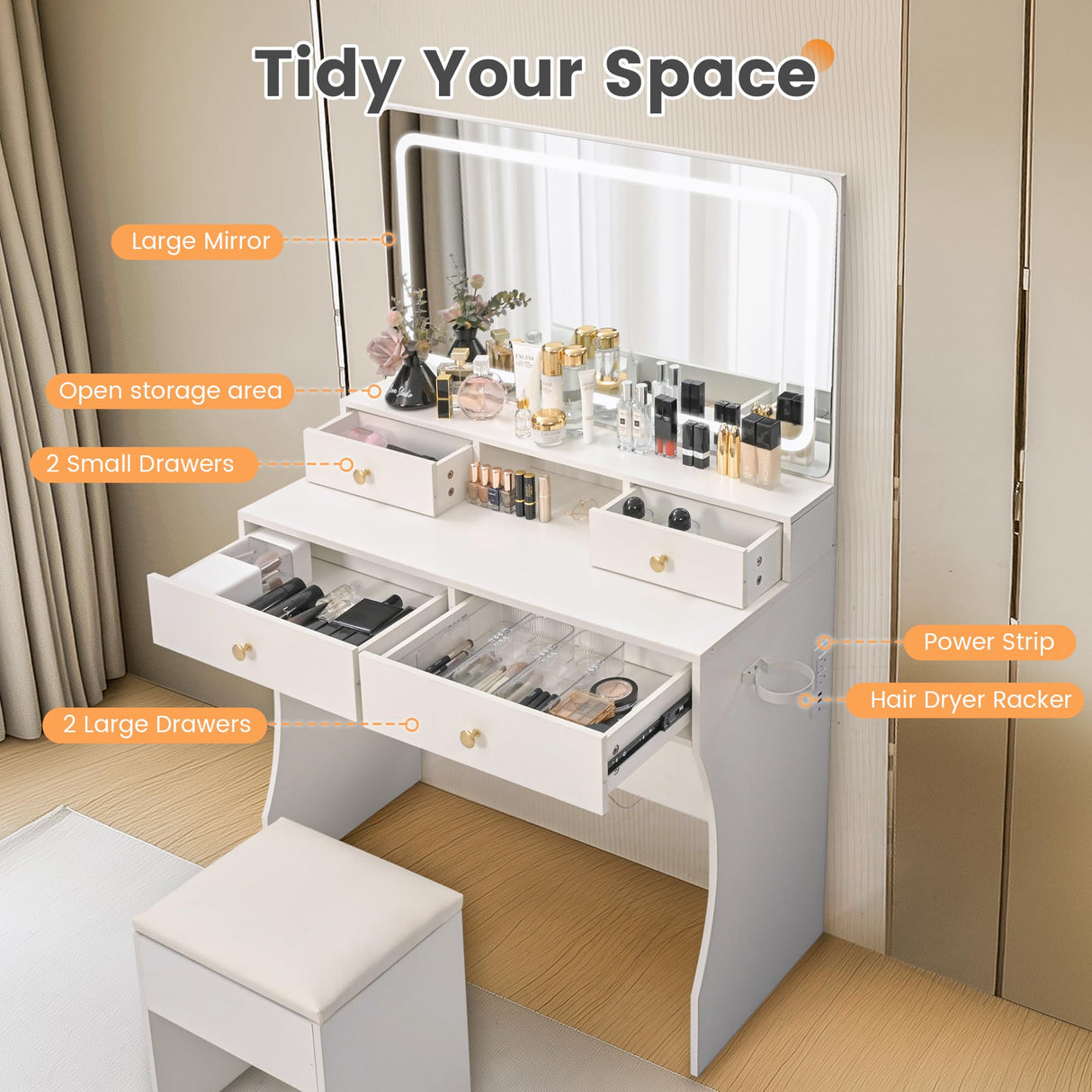Pamapic Vanity Desk with Upgraded Silent Slides, Golden Handles 3 Lighting Modes Small Vanity with Charging Station, Makeup Vanity with Lights and Storage Vanity Benches Pamapic