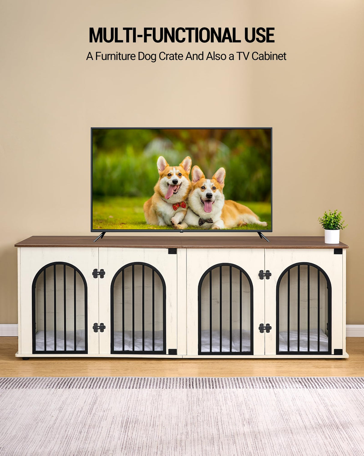 Hzuaneri Dog Crate Furniture, 71" Heavy Duty Dog Kennels with Divider, Pads, Side Table, TV Cabinet, Wooden Dog Crate Furniture for 2 Dogs, Small/Medium/Large Dog, Anti-Chew, White Brown Hzuaneri