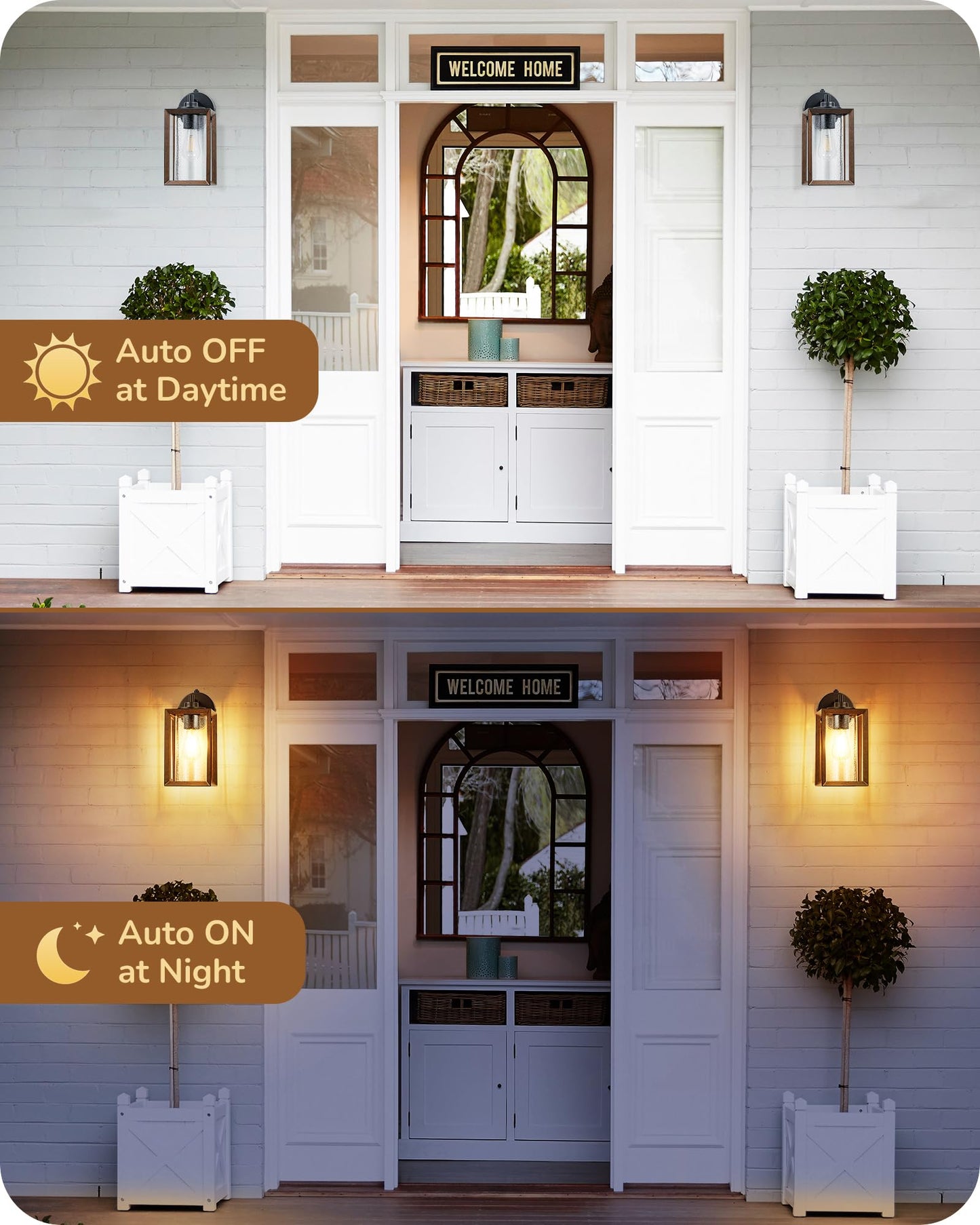 EDISHINE Dusk to Dawn Outdoor Wall Lights, Farmhouse Exterior Lighting Fixtures with Seeded Glass, Wood Grain Finish Porch Light Wall Mount Lantern Waterproof Outside Wall Sconce Lamp, E26 Ba - WoodArtSupply