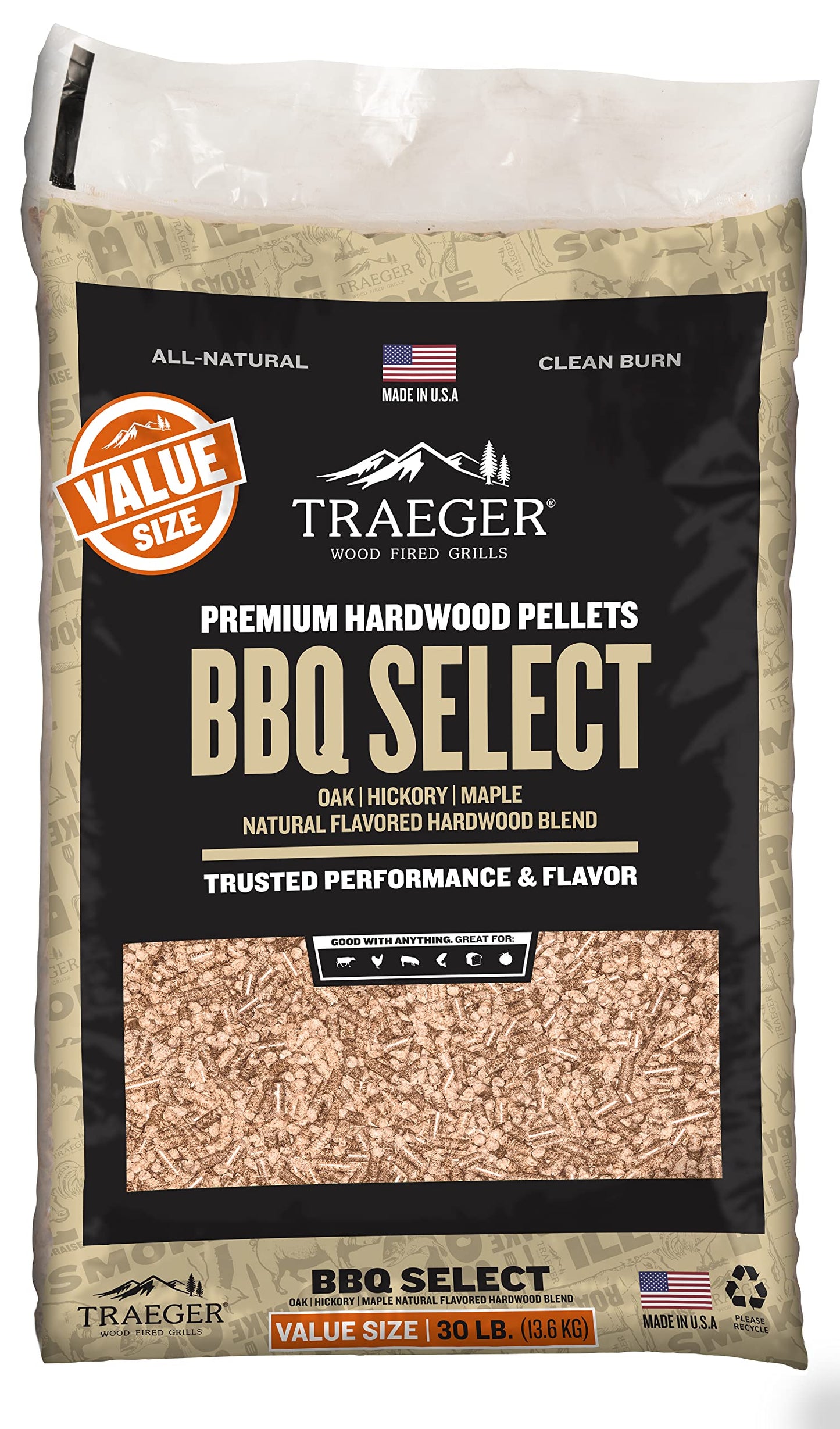 Traeger Grills BBQ Select 100% All-Natural Wood Pellets for Smokers and Pellet Grills, BBQ, Bake, Roast, and Grill, 30 lb. Bag