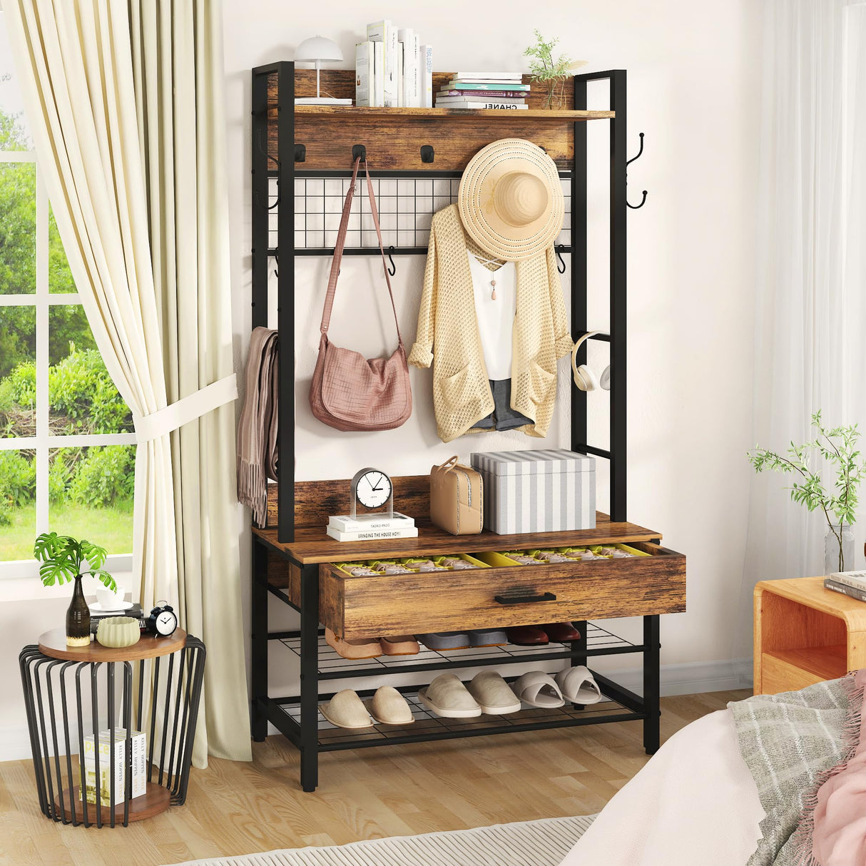 Recaceik Hall Tree, Entryway Coat Rack with Drawer, Industrial 5 In 1 Entryway Bench with Storage Shoe Rack and 12 Hooks, Freestanding Home Organizer with Shelf & Grid Panel, Anti-dumping Recaceik