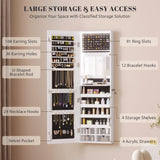 Vlsrka 47.2" LED Jewelry Mirror Cabinet, Wall/Door Mounted Jewelry Armoire Organizer with Full-Length Mirror, Large Capacity Storage Hanging Cabinet, 4 Drawers, 5 Shelves, Built-in Lighted Mirror Vlsrka