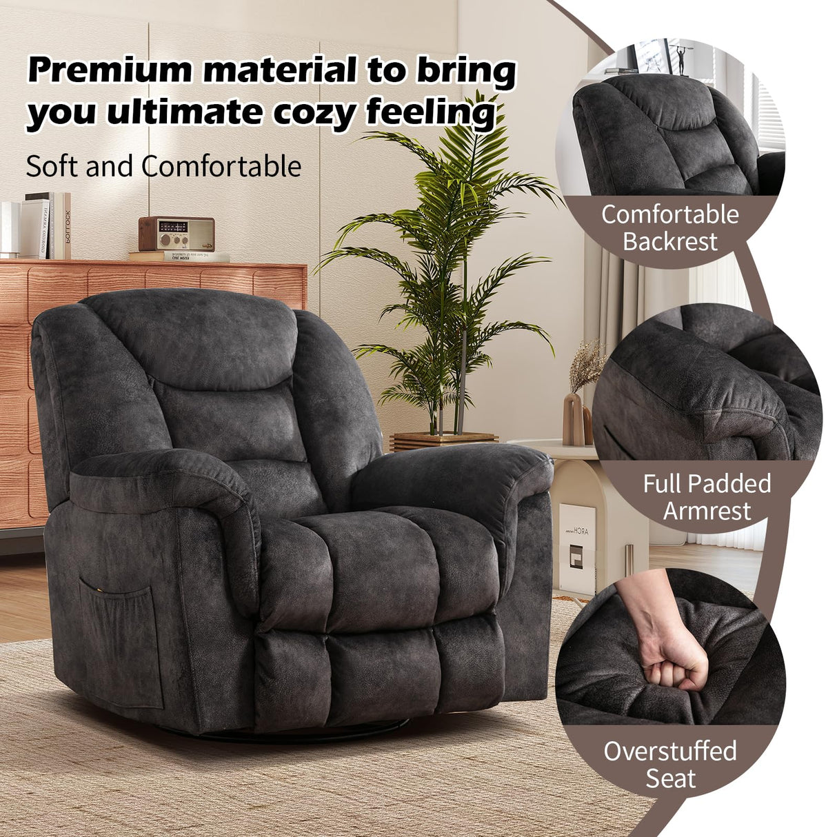 CANMOV Swivel Rocker Recliner, Manual Nursing Recliner with Hidden Switch, Upholstered Plush Seating 360°Swivel Glider Rocking Chair, Comfy Swivel Chair for Living Room, Black CANMOV