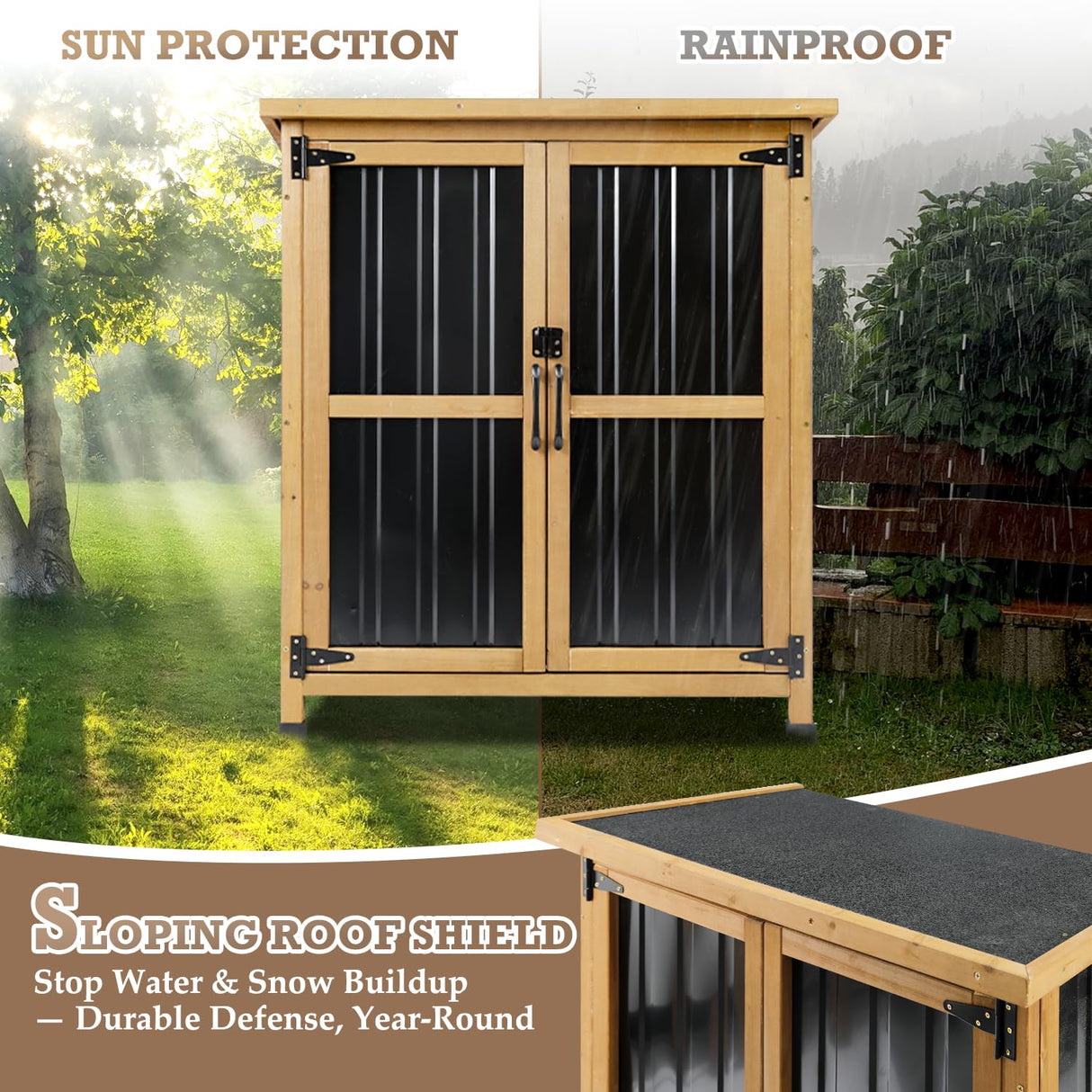 Outdoor Storage Cabinet Waterproof with Shelves, Storage Box with Lockable Doors, Wood & Metal Patio Yard Pool Garden Storage Cabinet Organizer, Gifts for Women Men PetsCosset