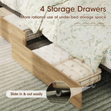 Maupvit Full Size Boho Bed Frame with Rattan Hidden Storage Headboard, LED Light and 4 Drawers, Charging Station, Metal Platform Bed, No Box Spring Needed,Brown Maupvit