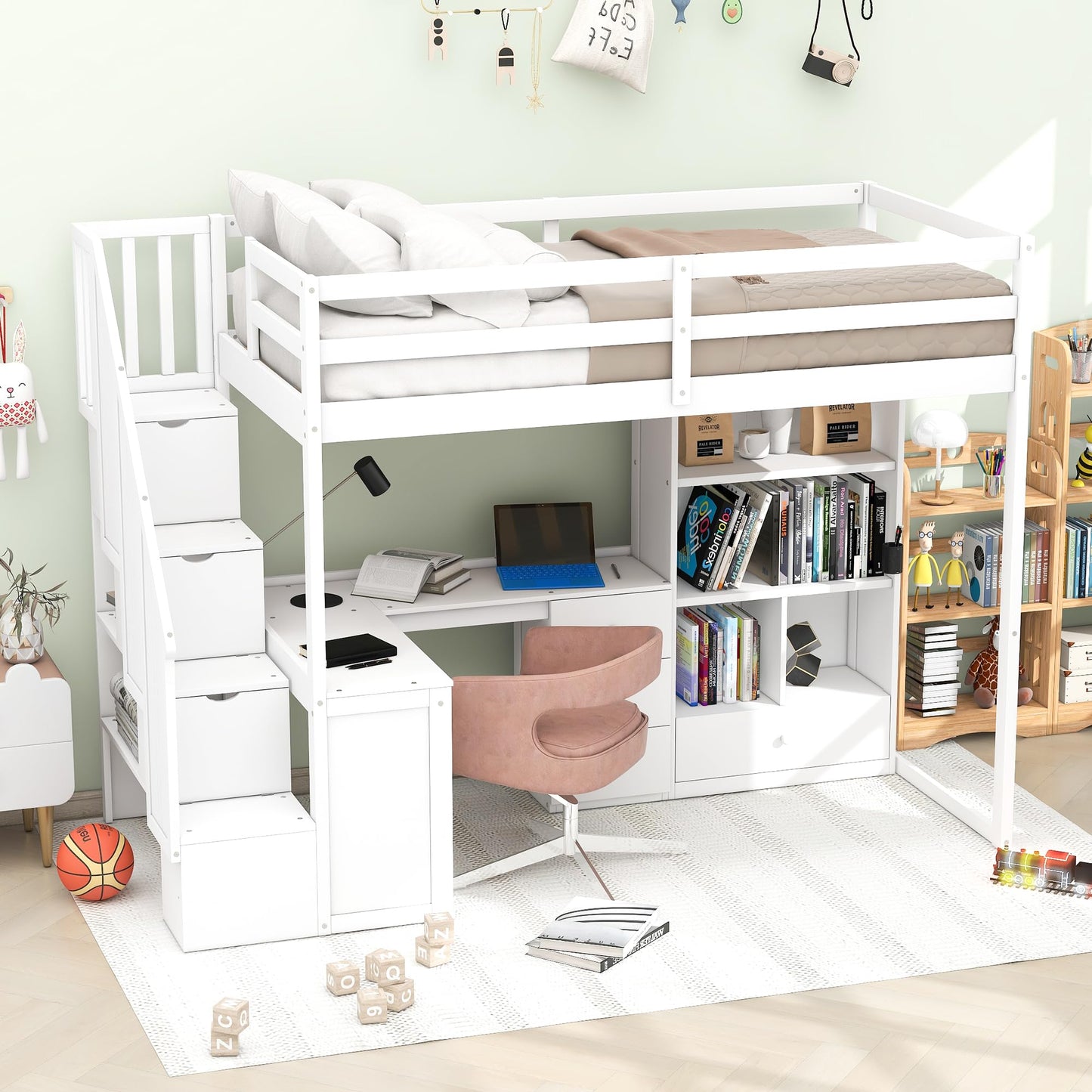 SOFTSEA White Twin Loft Bed with Desk, Stairs, and Storage for Kids and Teens