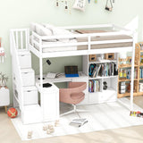 SOFTSEA White Twin Loft Bed with Desk, Stairs, and Storage for Kids and Teens SOFTSEA