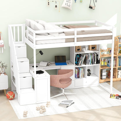 SOFTSEA White Twin Loft Bed with Desk, Stairs, and Storage for Kids and Teens