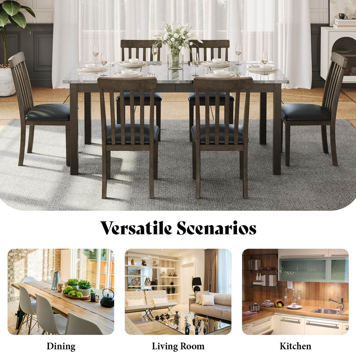 AMERLIFE 7-Piece Dining Table Set, 71" Faux Marble Modern Table with 6 PU Leather Upholstered Chairs, Heavy-Duty Solid Wood Set for Kitchen & Dining Room, Dark Brown AMERLIFE