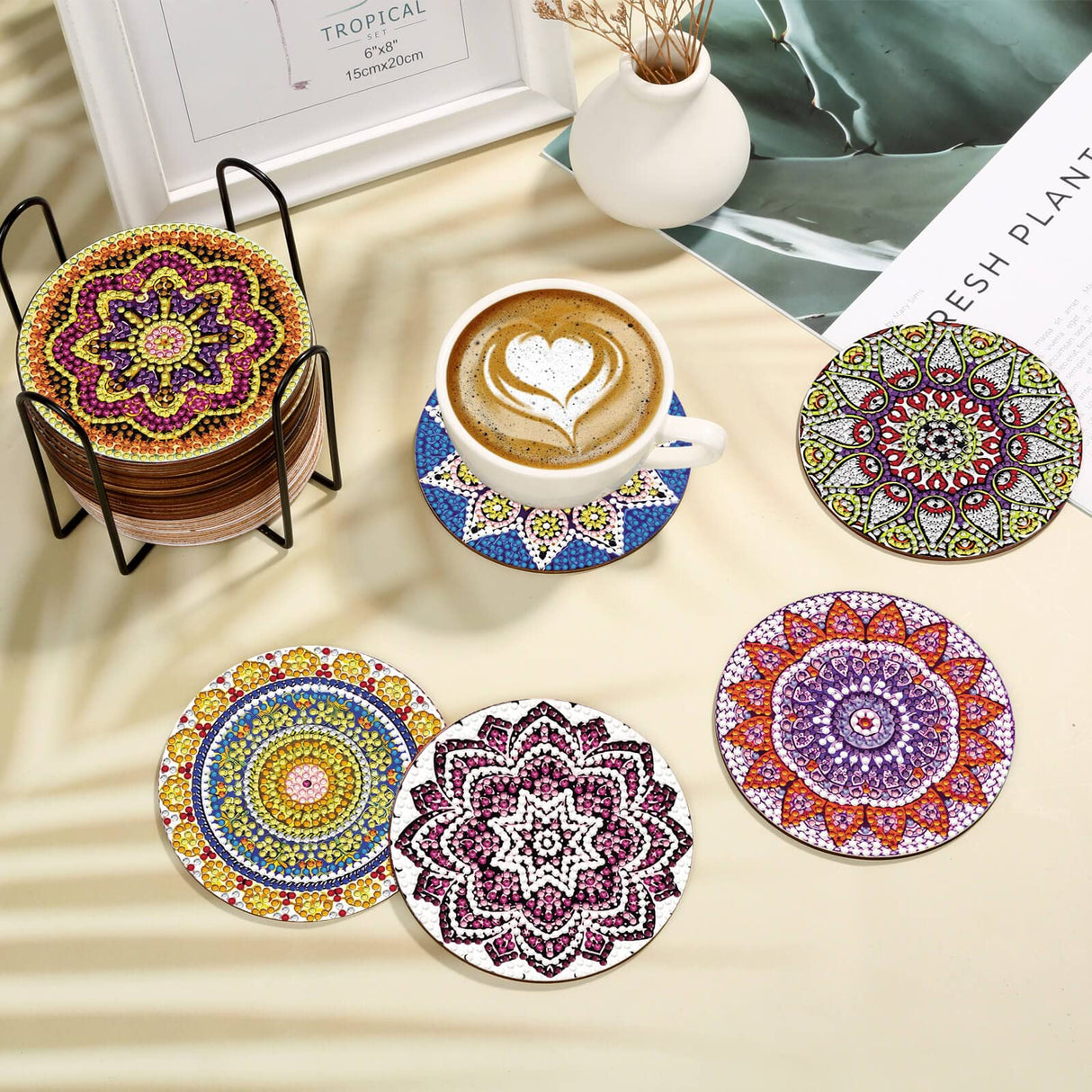 Caffox 20 Pieces Diamond Art Painting Coasters Kit with Holder, Diamond Art Coasters, DIY Diamond Art Crafts Projects, Diamond Art Kits for Adults and Beginners(Mandala Style) Caffox