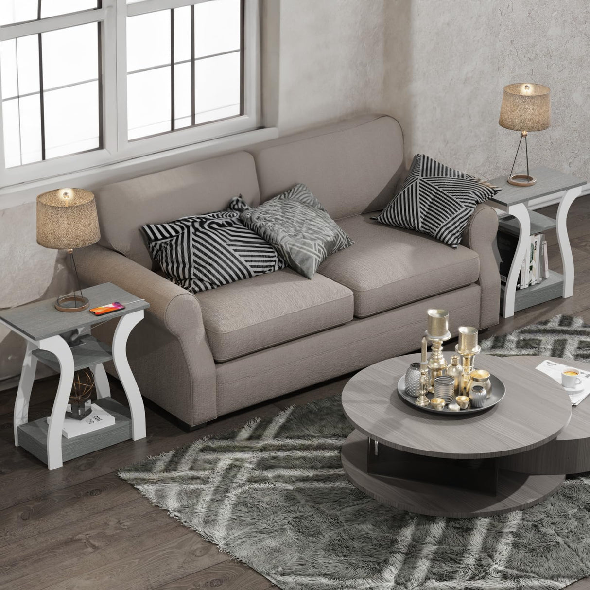 FROMJBEST End Table Set of 2 with Charging Station, Side Table with USB Ports and Outlets, Nightstand, 3 Tier End Table with Storage Shelf for Living Room, Bedroom (Grey Set of 2) FROMJBEST