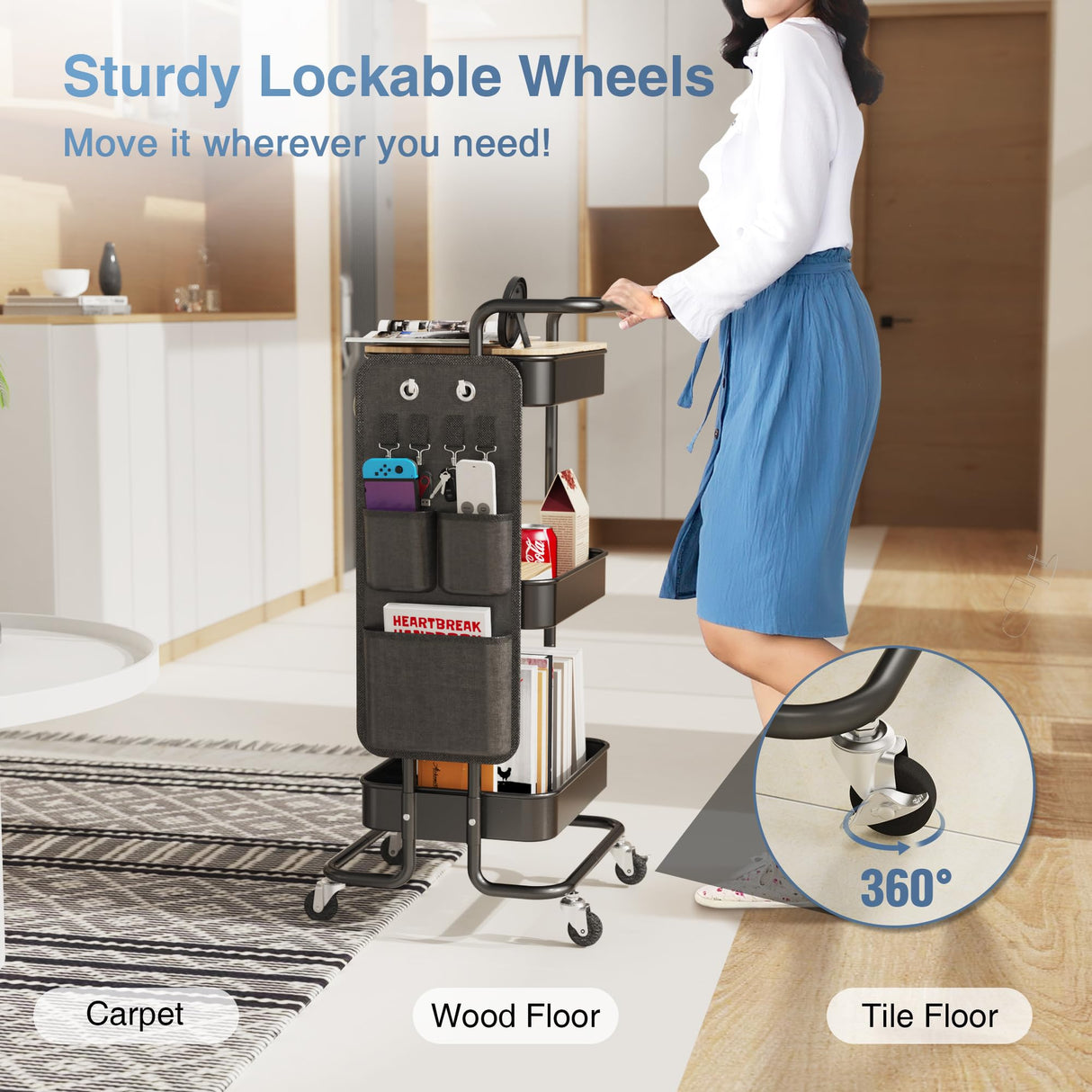 DTK 3 Tier Metal Utility Rolling Cart with Table Top and Side Bags, Tray Storage Organizer Wheels, Art Craft 4 Hooks for Kitchen Bathroom Office Living Room (Black) DTK