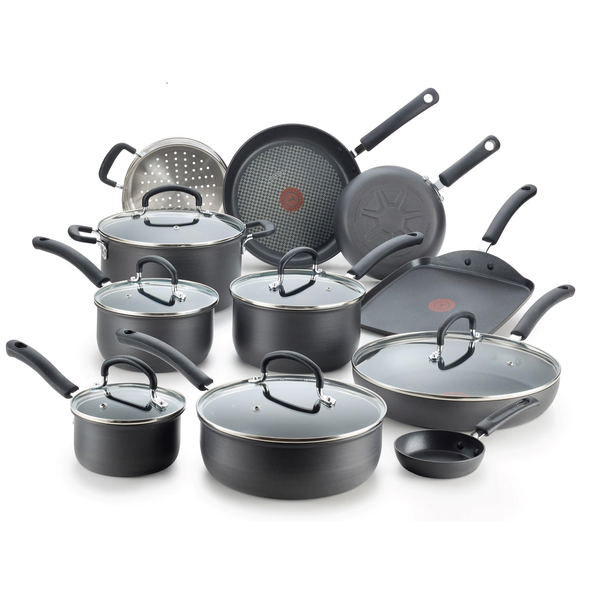 T-fal Ultimate Hard Anodized Nonstick Cookware Set 17 Piece, Oven Broiler Safe 400F, Lid Safe 350F, Kitchen Cooking Set w/ Fry Pans, Saucepans, Saute Pan, Griddle, Pots and Pans, Dishwasher Safe Black T-Fal