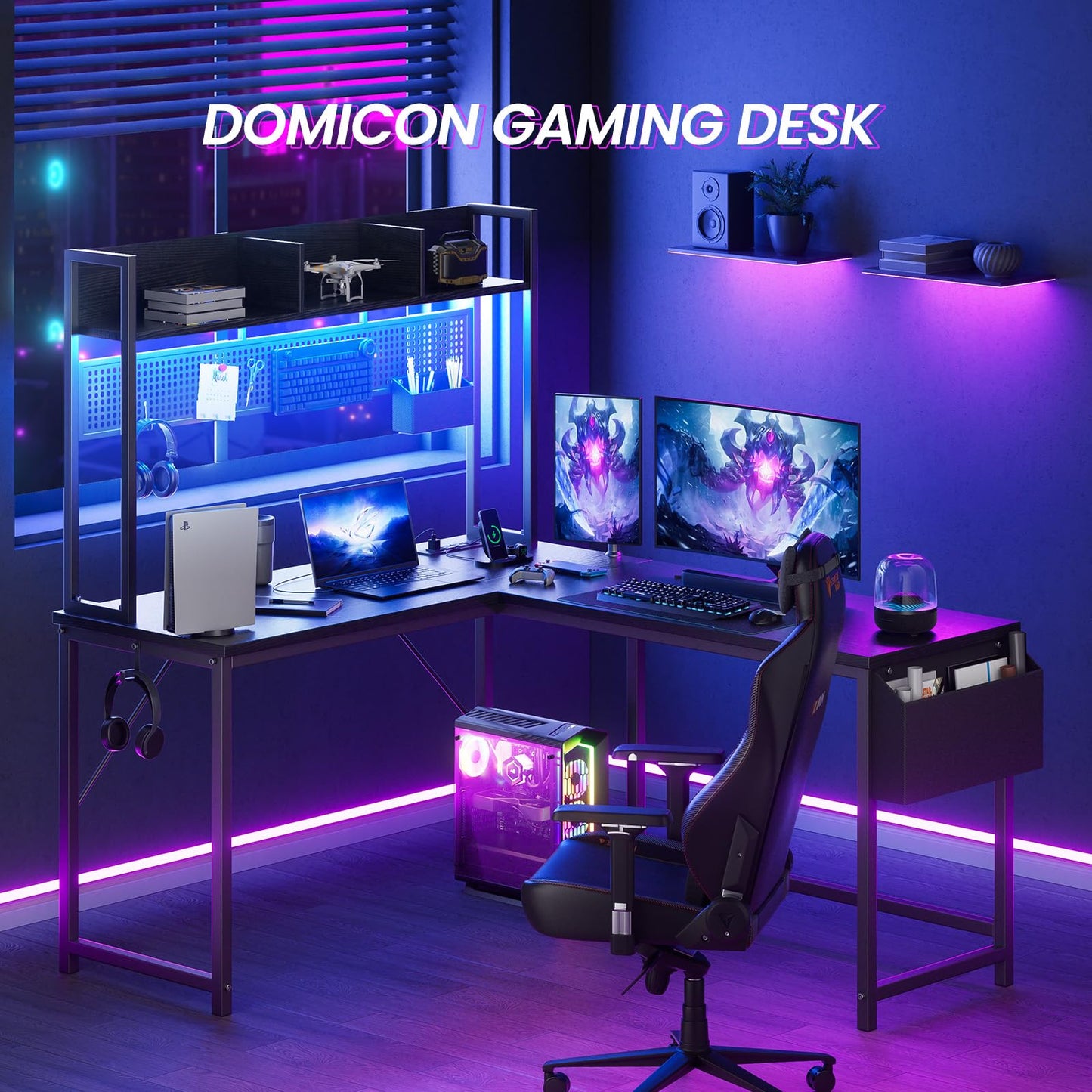 DOMICON Gaming Desk Computer Desk with Storage, L Shaped Desk with Power Outlet & LED Strip, Office Desk with Pegboard, Corner deck for Home Office Black - WoodArtSupply