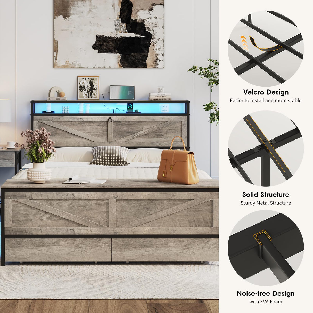 Fameill Queen Size Bed Frame with Storage Ottoman and 2 Drawers, Farmhouse Metal Platform Bed with Headboard, LED Lights and Charging Station, No Box Spring Needed, Noise Free, Gray Fameill